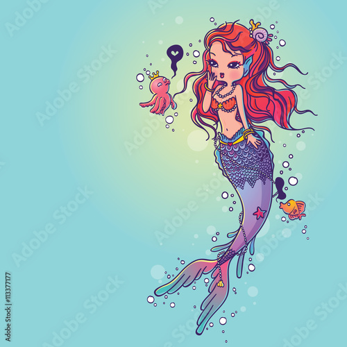 Vector Illustration of a Lovely Mermaid and Friends Under the Sea Hand Drawn, Doodle Cartoon Character 
