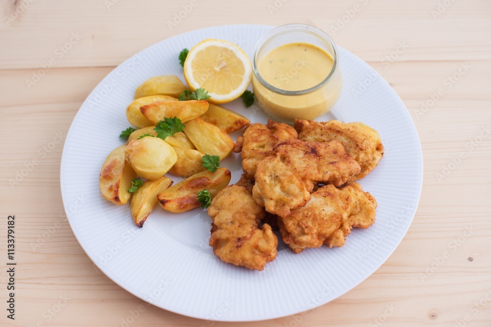Cod fish in batter or cod fritters served with baked potatoes with parsley leaves and home made mayonnaise sauce and half of lemon served on the simple white plate. Light dish for lunch or diner. Cod fish in batter or cod fritters served with baked potatoes with parsley leaves and home made mayonnaise sauce and half of lemon served on the simple white plate. Light dish for lunch or diner.