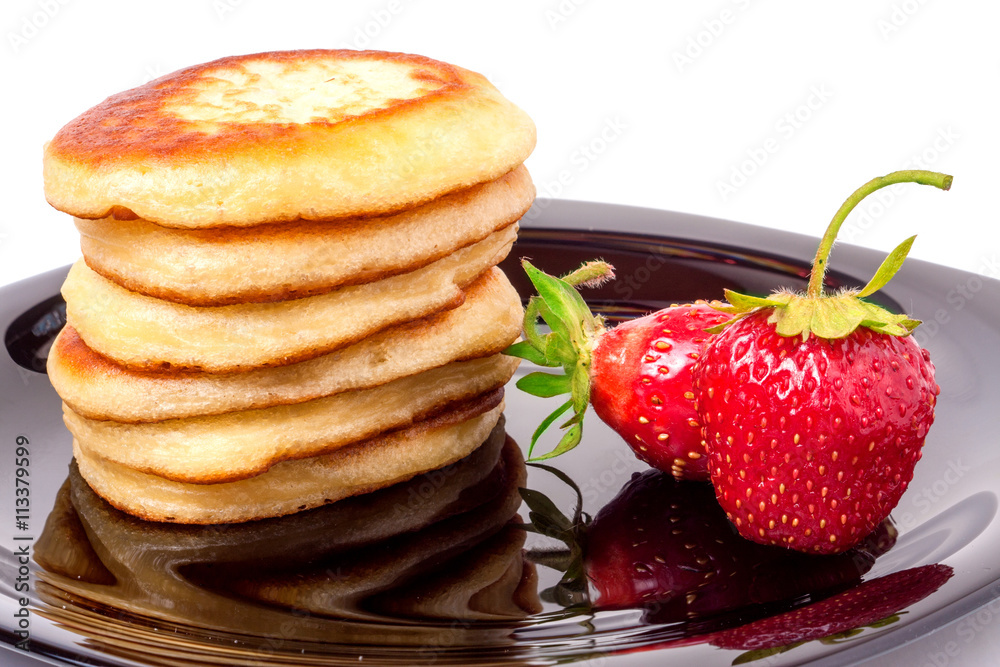 fritters on a plate with strawberries isolated white background fritters on a plate with strawberries isolated white background