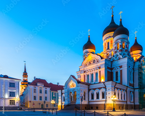 Alexander Nevsky Cathedral at twilight in old city of Tallinn, E