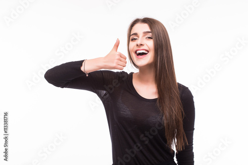 Happy woman with okey gesture on white