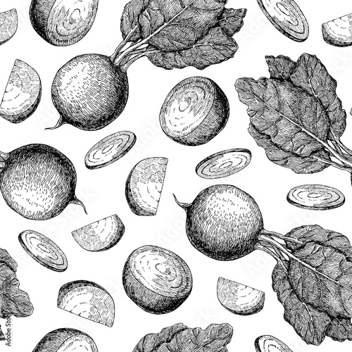 Beetroot hand drawn vector seamless pattern. Vegetable engraved
