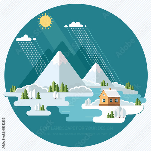 Winter landscape mountains snow-capped hills. flat vector illust