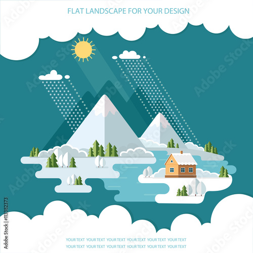 Winter landscape mountains snow-capped hills. flat vector illust