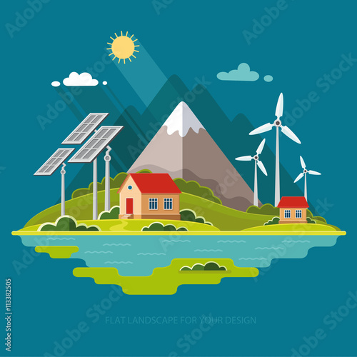 Environmental landscape cottages mountains in the background. So
