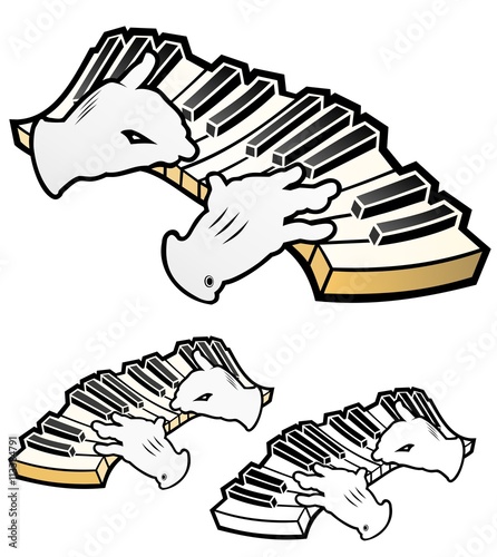 hands playing a piano keyboard.  Includes full color, flat, and black outline versions.