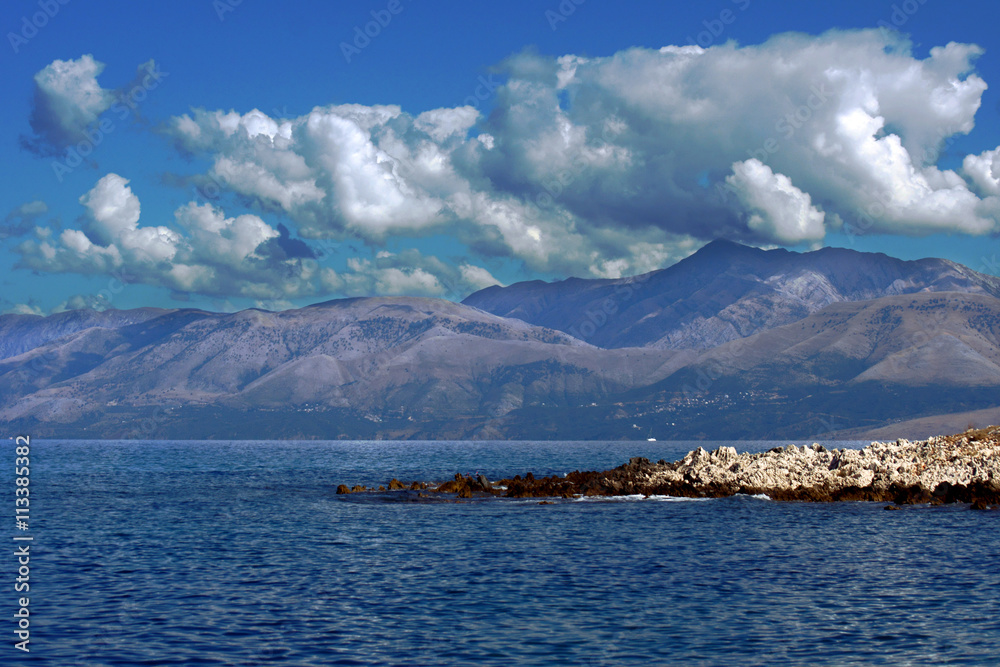 View to mountains in Albania from Corfu island, Greece