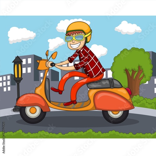 A man riding a scooter with city background cartoon