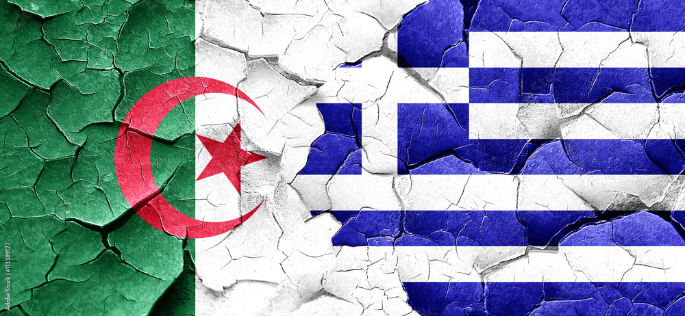 algeria flag with Greece flag on a grunge cracked wall algeria flag with Greece flag on a grunge cracked wall