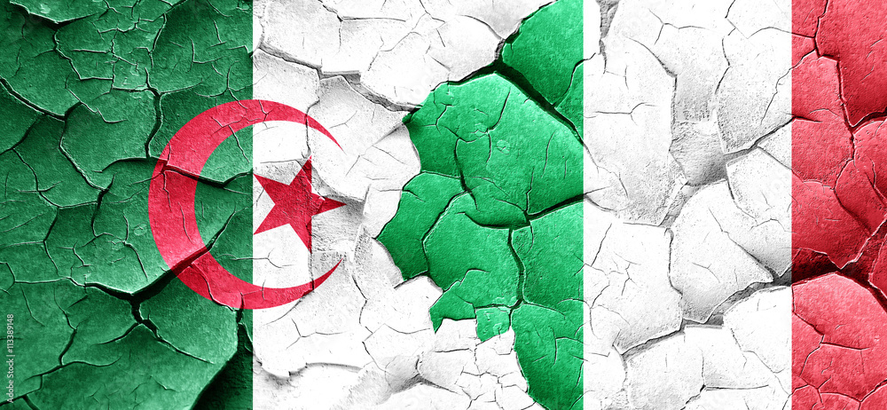 algeria flag with Italy flag on a grunge cracked wall