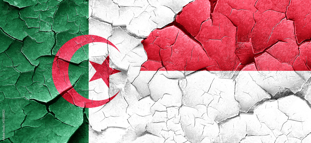 algeria flag with Indonesia flag on a grunge cracked wall algeria flag with Indonesia flag on a grunge cracked wall