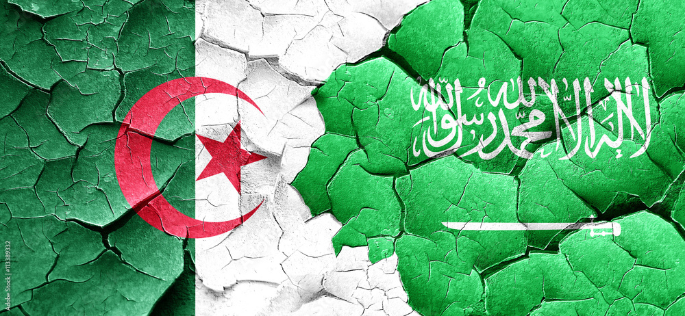 algeria flag with Saudi Arabia flag on a grunge cracked wall