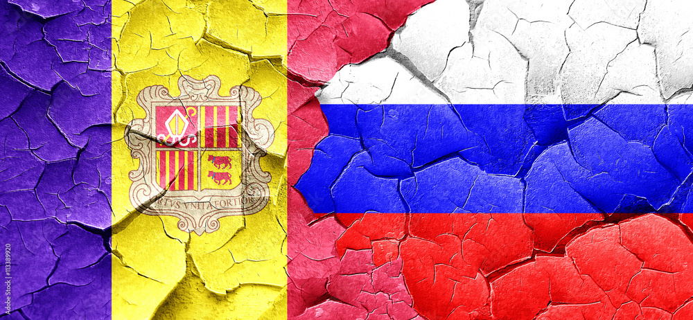Andorra flag with Russia flag on a grunge cracked wall