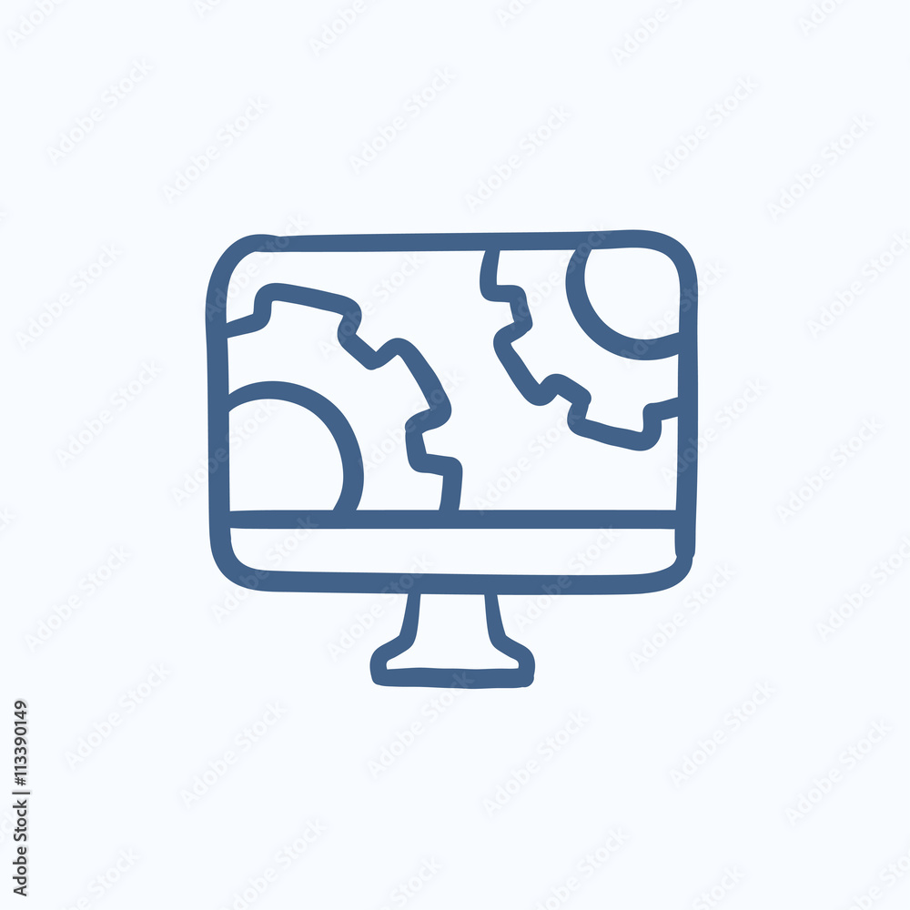 Computer monitor with gears sketch icon.