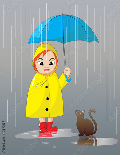Girl yellow rain suit blue umbrella and a brown cat.