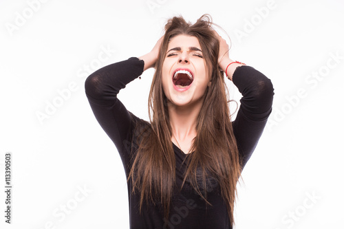 Foto Scream young girl on white background