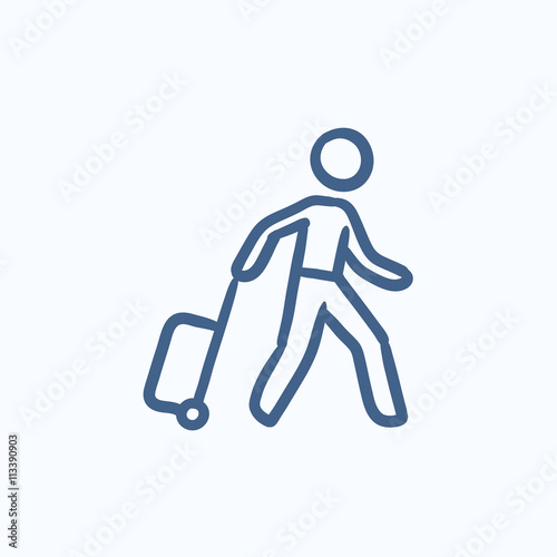 Man with suitcase sketch icon.