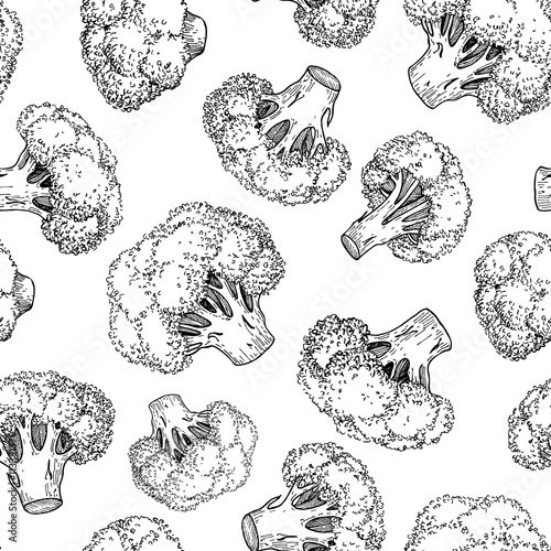 Broccoli hand drawn vector seamless pattern. Vegetable engraved