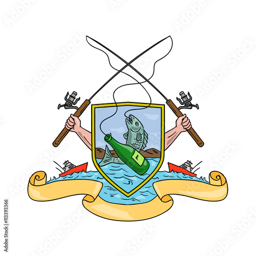 Fishing Rod Reel Hooking Fish Beer Bottle Coat of Arms Drawing