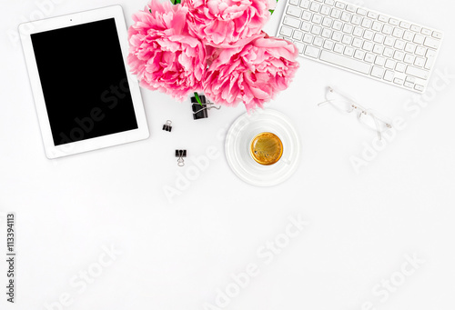Feminine office workplace with coffee flowers Mockup Flat lay