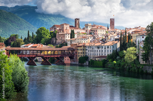 Beautiful view on the bridge of the Alpine in Bassano del Grappa, Veneto, Italy photo