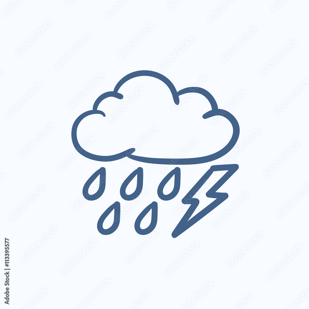 Cloud with rain and lightning bolt sketch icon. Cloud with rain and lightning bolt sketch icon.