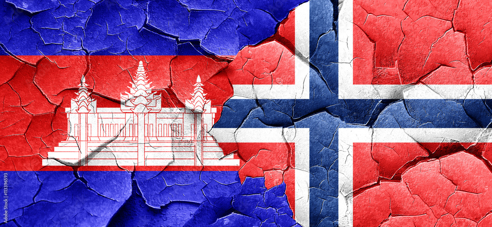 Cambodia flag with Norway flag on a grunge cracked wall