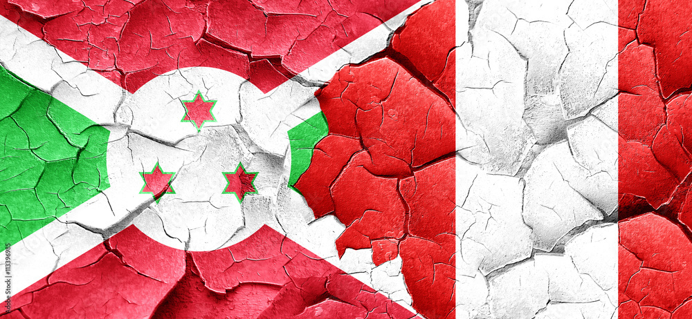 Burundi flag with Peru flag on a grunge cracked wall Burundi flag with Peru flag on a grunge cracked wall