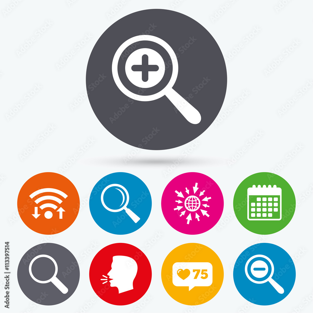 Magnifier glass icons. Plus and minus zoom tool. Magnifier glass icons. Plus and minus zoom tool.
