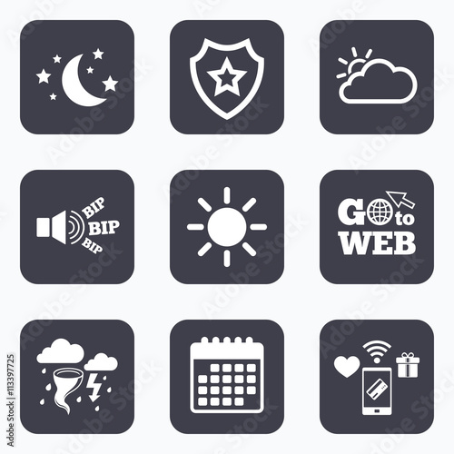 Cloud and sun icon. Storm symbol. Moon and stars