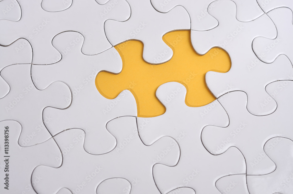 Missing Puzzle on Yellow Background, Searching a Solution Missing Puzzle on Yellow Background, Searching a Solution