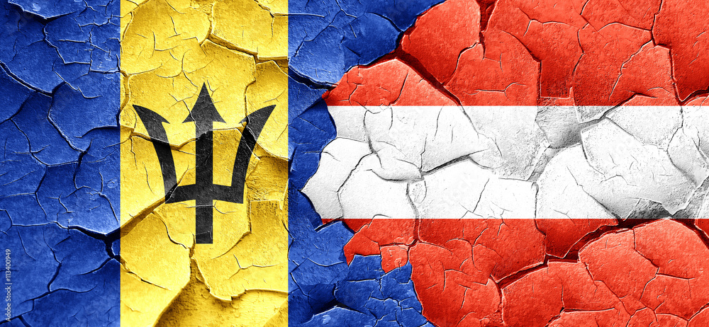 Barbados flag with Austria flag on a grunge cracked wall