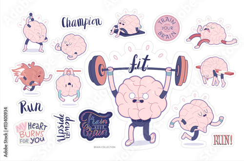 Brain stickers fitness printable set, cartoon vector isolated images with cutting path and lettering, a part of Brain collection