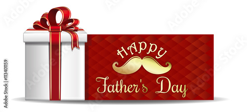 Father's Day card. Gift box on the background of a greeting card.  Gold lettering on a red background - Happy Father's Day. Vector illustration