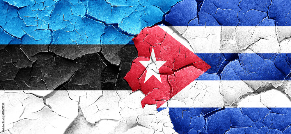 estonia flag with cuba flag on a grunge cracked wall