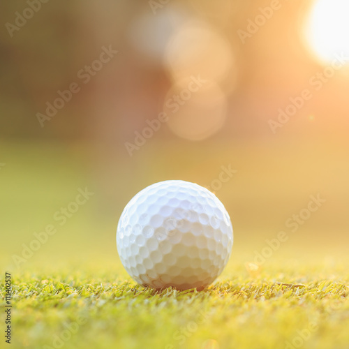 Golf ball on green grass in course