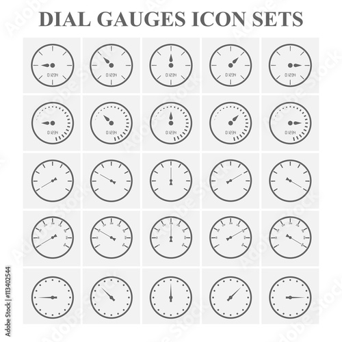 Dial gauges icon sets, Dial pressure gauges, Dial metering gauges, Dial gauges metering control.