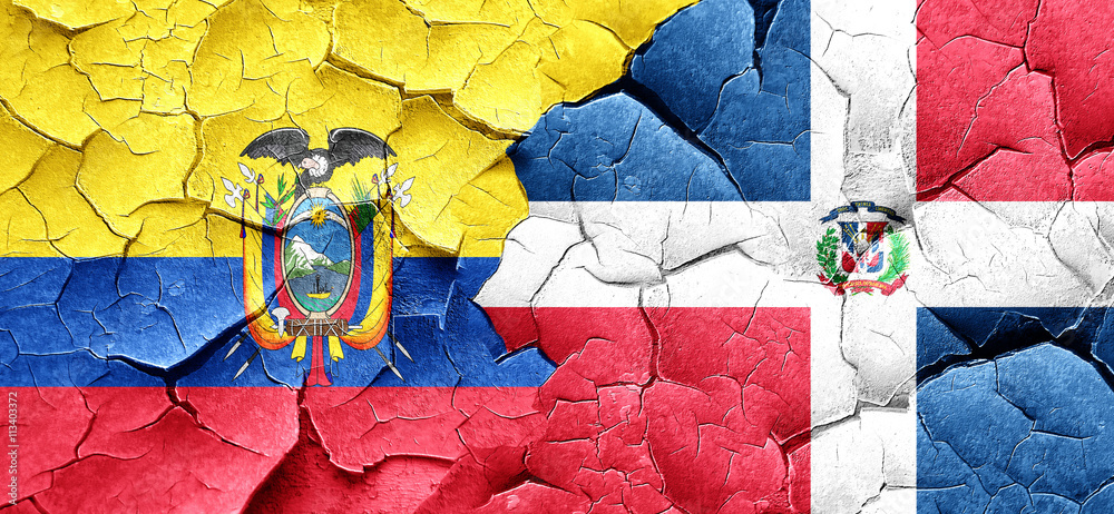 Ecuador flag with Dominican Republic flag on a grunge cracked wa
