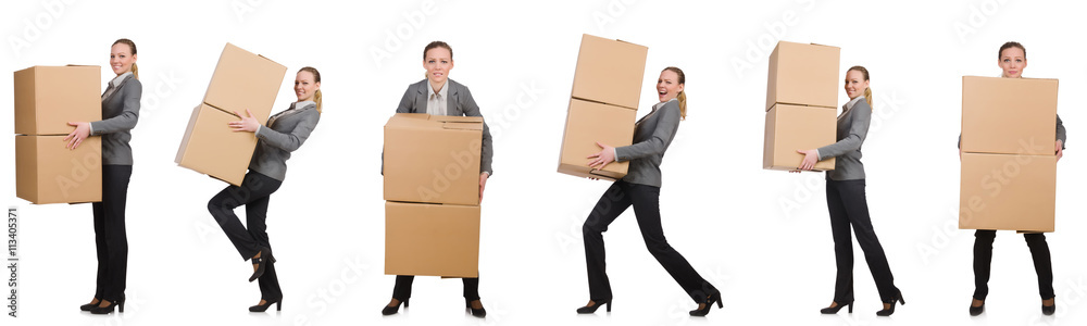 Composite image of woman with boxes on white Composite image of woman with boxes on white