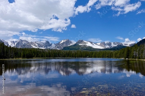 Reflection of mountains in turquoise calm water of alpine lake. Bierstadt Lake, Rocky Mountains National Park near Denver, Colorado State, USA. 