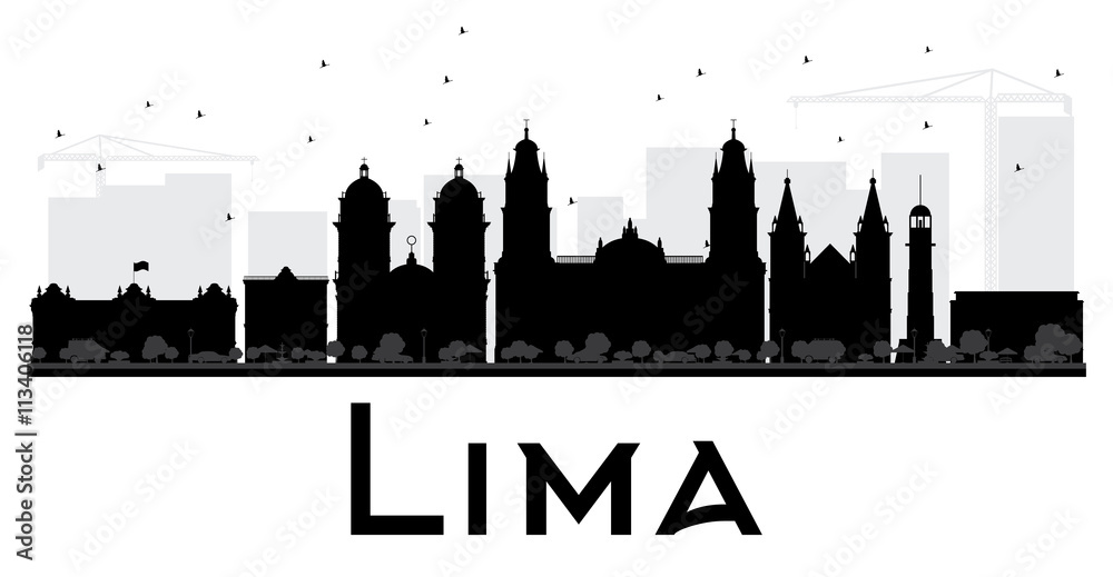 Lima City skyline black and white silhouette.
