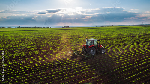 Fotografia Tractor cultivating field at spring