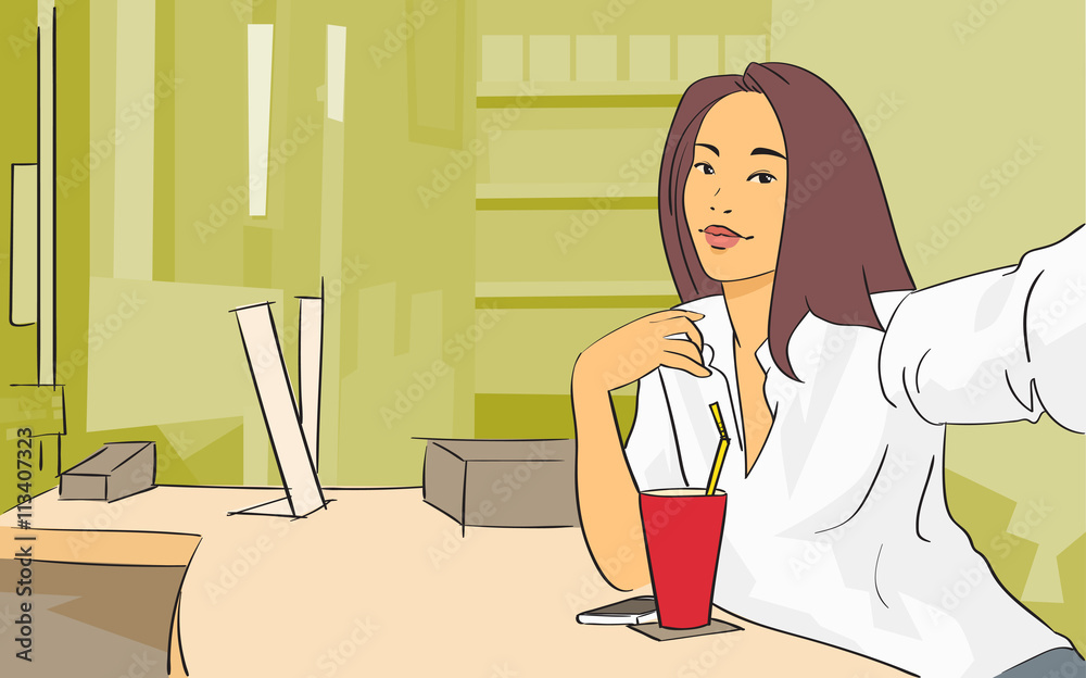 Pretty Girl Video Blogger Taking Selfie Cafe Interior Pretty Girl Video Blogger Taking Selfie Cafe Interior