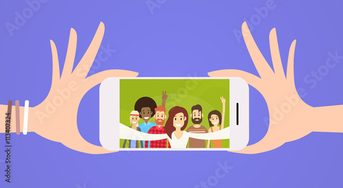 People Group Taking Selfie Photo On Smart Cell Phone