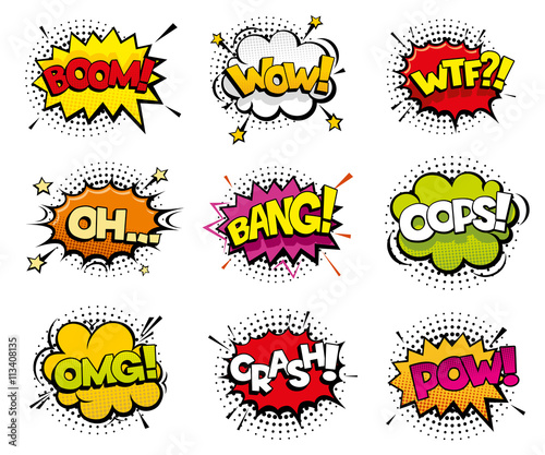 Comic sound effects in pop art vector style. Sound bubble speech with word and comic cartoon expression sounds illustration