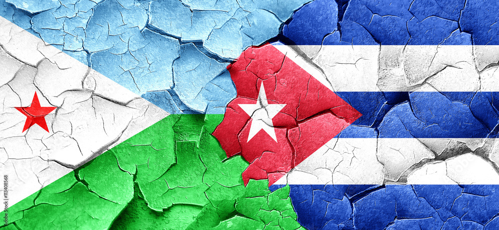 Djibouti flag with cuba flag on a grunge cracked wall