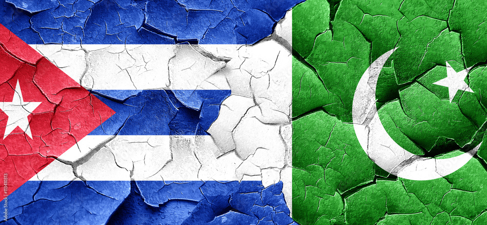 Cuba flag with Pakistan flag on a grunge cracked wall Cuba flag with Pakistan flag on a grunge cracked wall