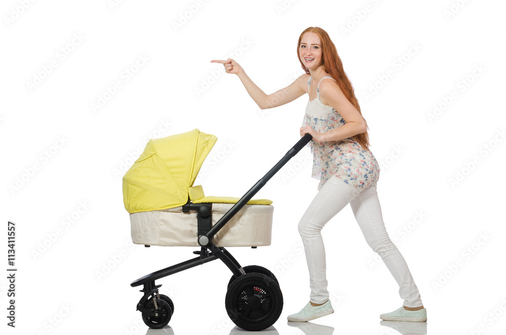 Woman with baby and pram isolated on white Woman with baby and pram isolated on white