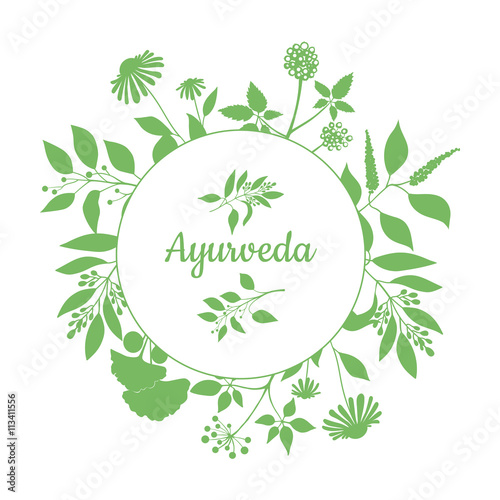 Green round frame with collection of plants. Silhouette of branches isolated on white background