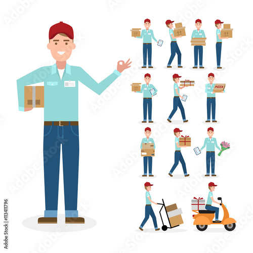 Caucasian postman set. Isolated cartoon character. White background. All delivery equipment.